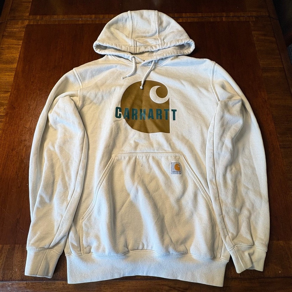 Carhartt Logo Pullover Hoodie White Heavyweight Sweatshirt Size Large